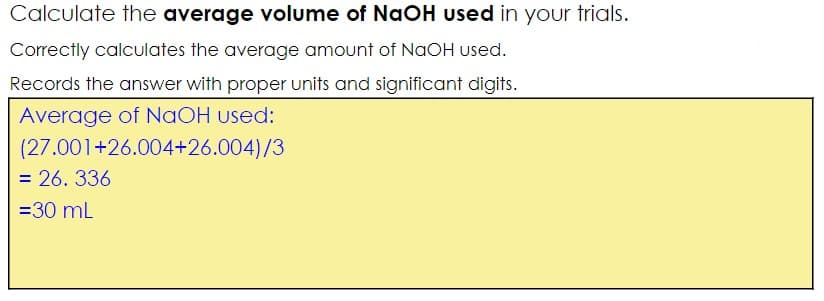 Calculate the average volume of NaOH used in your trials.
Correctly calculates the average amount of NaOH used.
Records the answer with proper units and significant digits.
Average of NAOH used:
(27.001+26.004+26.004)/3
= 26. 336
=30 mL
