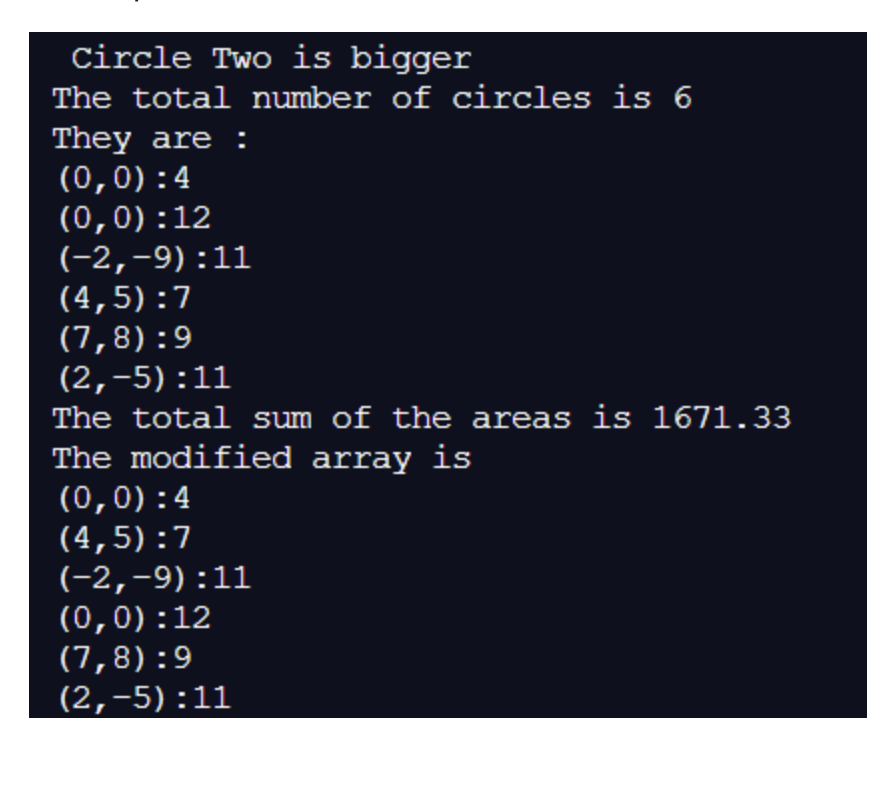 Circle Two is bigger
The total number of circles is 6
They are :
(0,0):4
(0,0):12
(-2,-9):11
(4,5):7
(7,8):9
(2,-5):11
The total sum of the areas is 1671.33
The modified array is
(0,0):4
(4,5):7
(-2,-9):11
(0,0):12
(7,8):9
(2,-5):11