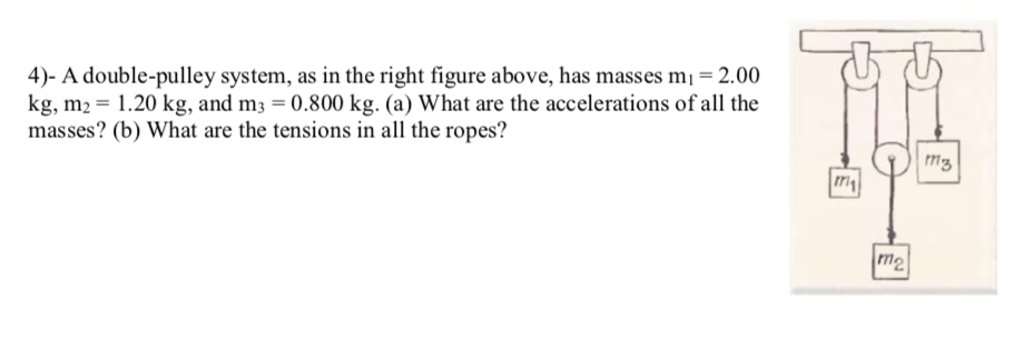 4)- A double-pulley system, as in the right figure above, has masses m1= 2.00
kg, m2 = 1.20 kg, and m3 = 0.800 kg. (a) What are the accelerations of all the
masses? (b) What are the tensions in all the ropes?
mg
m2
