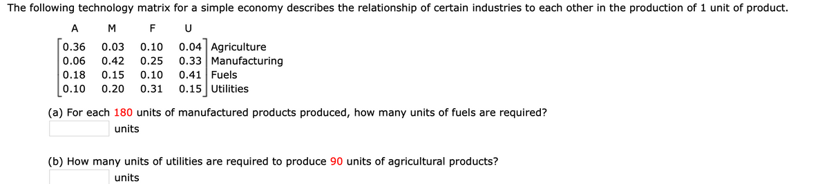 The following technology matrix for a simple economy describes the relationship of certain industries to each other in the production of 1 unit of product.
A
M
F
U
0.04 Agriculture
0.33 Manufacturing
0.36
0.03
0.10
0.06
0.42
0.25
0.18
0.15
0.10
0.41 Fuels
0.10
0.20
0.31
0.15 Utilities
(a) For each 180 units of manufactured products produced, how many units of fuels are required?
units
(b) How many units of utilities are required to produce 90 units of agricultural products?
units
