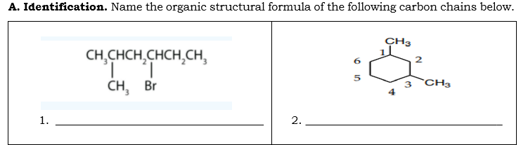 A. Identification. Name the organic structural formula of the following carbon chains below.
CH3
CH,CHCH,CHCH,CH,
CH3
CH, Br
1.
2.
6.
