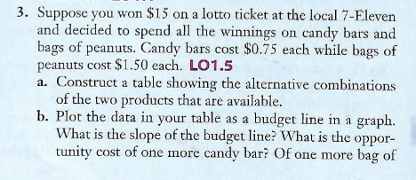 3. Suppose you won $15 on a lotto ticket at the local 7-Eleven
and decided to spend all the winnings on candy bars and
bags of peanuts. Candy bars cost $0.75 each while bags of
peanuts cost $1.50 each. LO1.5
a. Construct a table showing the alternative combinations
of the two products that are available.
b. Plot the data in your table as a budget line in a graph.
What is the slope of the budget line? What is the oppor-
tunity cost of one more candy bar? Of one more bag of
