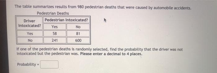 The table summarizes results from 980 pedestrian deaths that were caused by automobile accidents.
Pedestrian Deaths
Driver
Pedestrian Intoxicated?
Intoxicated?
Yes
No
Yes
58
81
No
241
600
If one of the pedestrian deaths is randomly selected, find the probability that the driver was not
intoxicated but the pedestrian was. Please enter a decimal to 4 places.
Probability =
