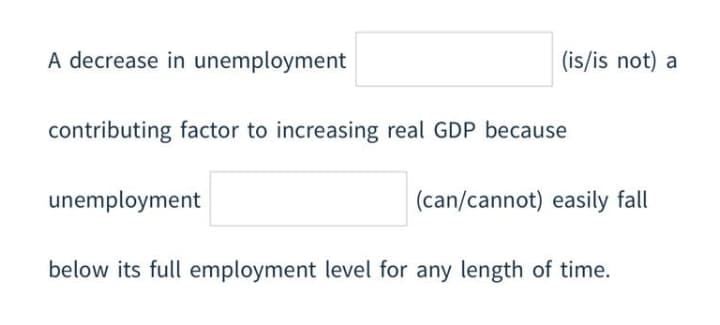 A decrease in unemployment
(is/is not) a
contributing factor to increasing real GDP because
unemployment
(can/cannot) easily fall
below its full employment level for any length of time.
