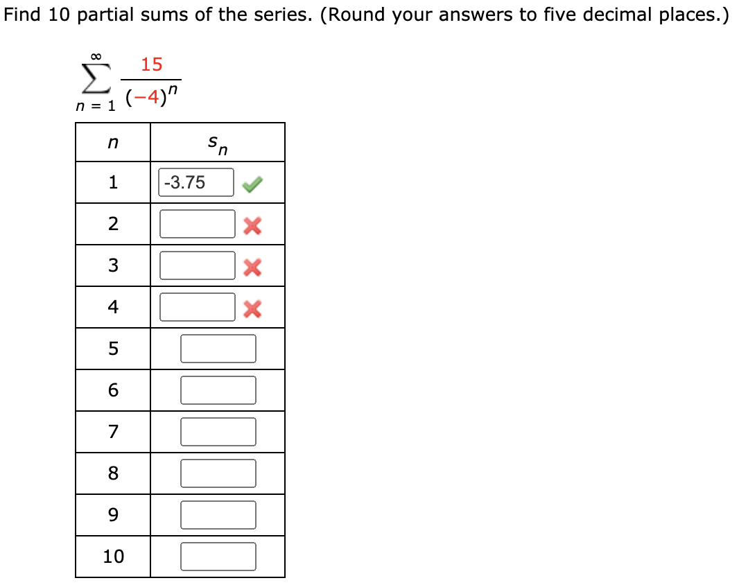 Find 10 partial sums of the series. (Round your answers to five decimal places
15
(-4)"
n = 1
Sn
1
-3.75
4
5
6.
7
8.
9.
10
