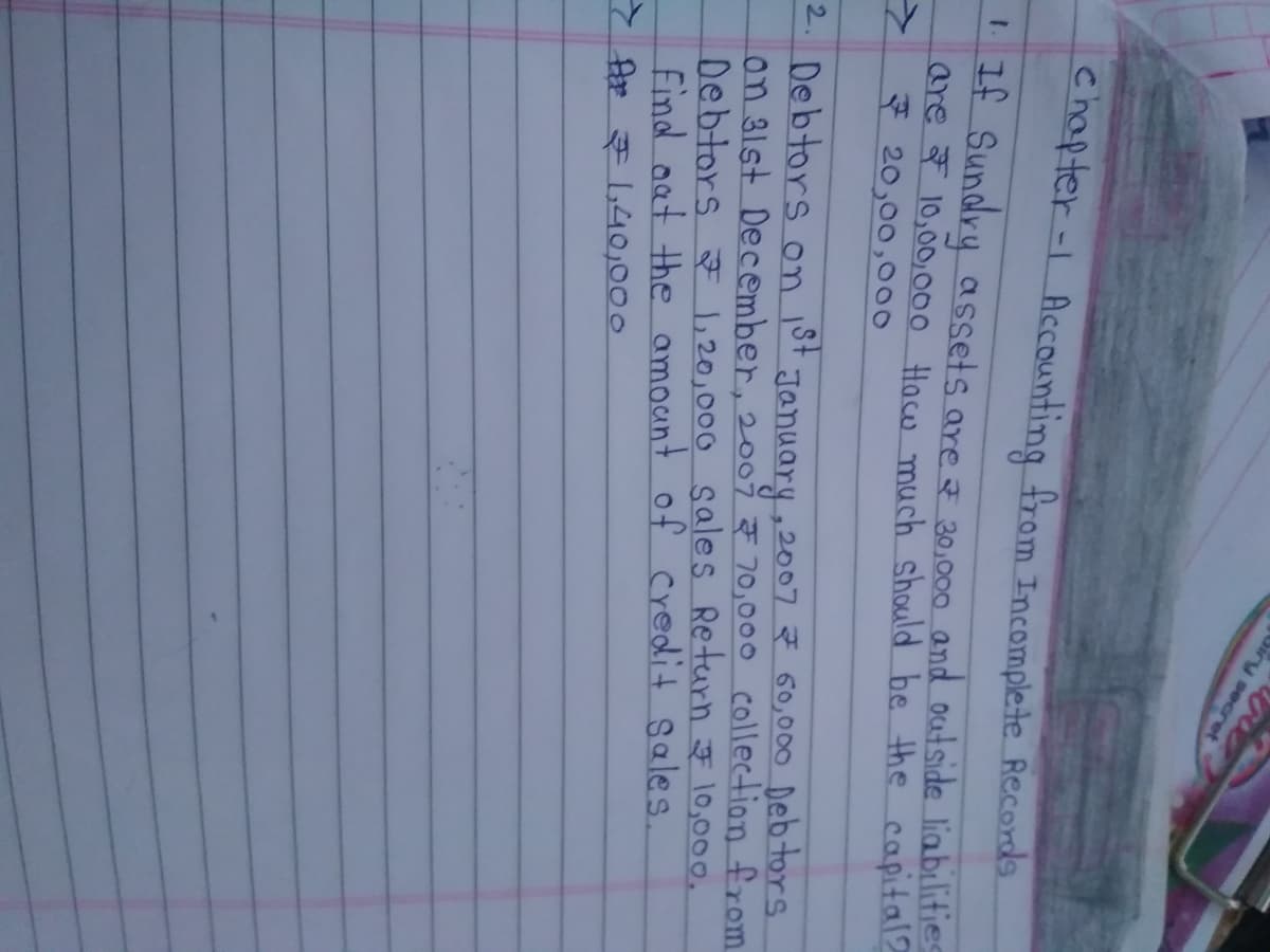 Diry secret
chapter-1 Accounting from Incomple:te Records
- If Sundry assets are z 20,000 and outside liabilifies
are F 10,00,000 Hacw much should be the capital2
* 20,00,000
2. Debtors on 1st January ,2007 Ž 60,000 Debtors.
Lon 31st December, 2007 F 70,000 collection from
Debtors F ,20,000 sales Return F 10,000.
Find aat the amount of credit sales.
Y Ap $ 640,000
