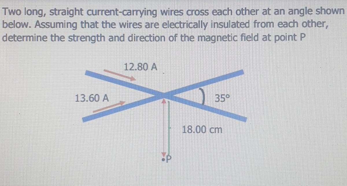 Two long, straight current-carrying wires cross each other at an angle shown
below. Assuming that the wires are electrically insulated from each other,
determine the strength and direction of the magnetic field at point P
12.80 A
13.60 A
35°
18.00 cm
