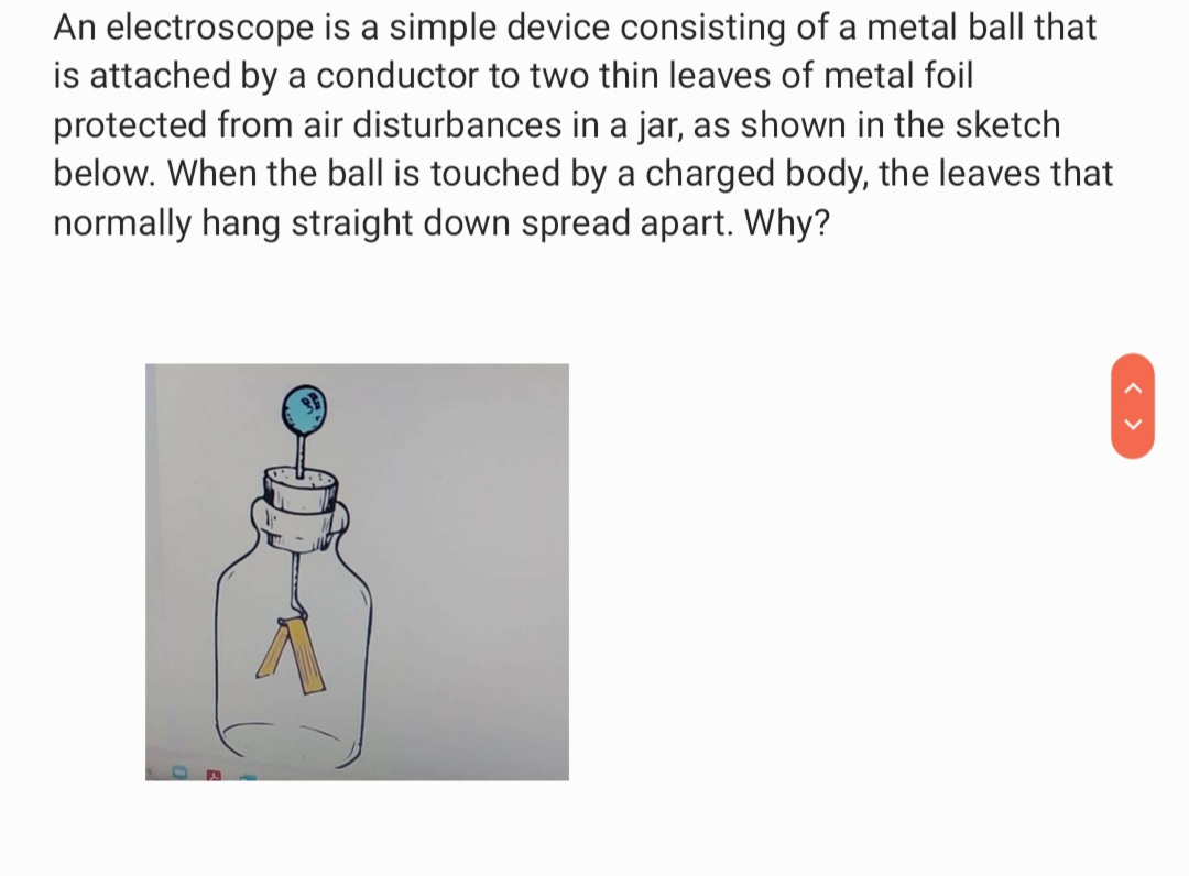 An electroscope is a simple device consisting of a metal ball that
is attached by a conductor to two thin leaves of metal foil
protected from air disturbances in a jar, as shown in the sketch
below. When the ball is touched by a charged body, the leaves that
normally hang straight down spread apart. Why?
< >

