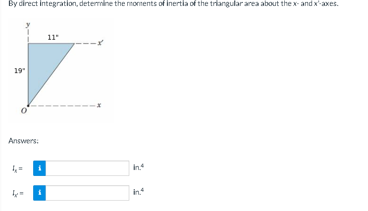 By direct integration, determine the moments of inertia of the triangular area about the x- and x'-axes.
19"
Answers:
II
X
i
11"
x
in.4
in.4