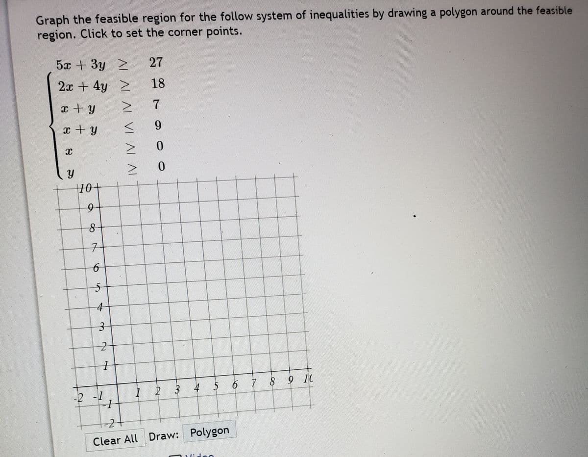 Graph the feasible region for the follow system of inequalities by drawing a polygon around the feasible
region. Click to set the corner points.
5x +3y >
27
2x + 4y >
18
x + y
7
6.
|10+
9 10
-2 -1
1 2 3
-2+
Clear All Draw: Polygon
8.
AL AL AL VI ALAL

