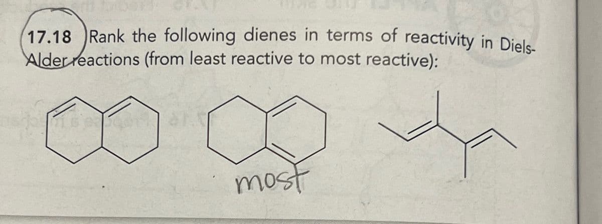 17.18 Rank the following dienes in terms of reactivity in Diels-
Alder reactions (from least reactive to most reactive):
most