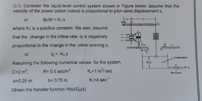 Q.5- Consider the liquid-level control system shown in Figure below. assume that the
velocity of the power piston (valve) is proportional to pilot-valve displacement x,
dy/dt = K₁ x
or
where K, is a positive constant. We also assume
that the change in the inflow rate q, is negatively
proportional to the change in the valve opening y,
q₁ = -Kvy
or
Assuming the following numerical values for the system,
C=2 m²,
R= 0.5 sec/m²,
K, 1 m²/ sec.
K₁=4 sec¹
a=0.25 m,
b= 0.75 m,
Obtain the transfer function H(s)/Qg(s).
3
0..
1.
t
CC
Re