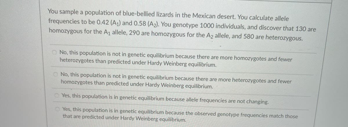 You sample a population of blue-bellied lizards in the Mexican desert. You calculate allele
frequencies to be 0.42 (A1) and 0.58 (A2). You genotype 1000 individuals, and discover that 130 are
homozygous for the A, allele, 290 are homozygous for the A2 allele, and 580 are heterozygous.
O No, this population is not in genetic equilibrium because there are more homozygotes and fewer
heterozygotes than predicted under Hardy Weinberg equilibrium.
O No, this population is not in genetic equilibrium because there are more heterozygotes and fewer
homozygotes than predicted under Hardy Weinberg equilibrium.
Yes, this population is in genetic equilibrium because allele frequencies are not changing.
Yes, this population is in genetic equilibrium because the observed genotype frequencies match those
that are predicted under Hardy Weinberg equilibrium.

