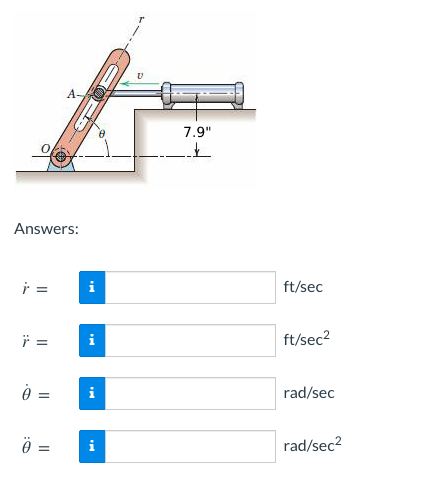 Answers:
r =
7 =
A-
Ö
=
i
0 = i
Mi
i
7.9"
t
ft/sec
ft/sec²
rad/sec
rad/sec²