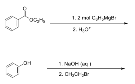 OC2H5
1. 2 mol C6H5M9BR
2. Hзо"
HO
1. NaOH (aq )
2. CH3CH2B1

