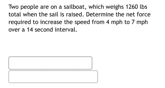 Two people are on a sailboat, which weighs 1260 lbs
total when the sail is raised. Determine the net force
required to increase the speed from 4 mph to 7 mph
over a 14 second interval.
