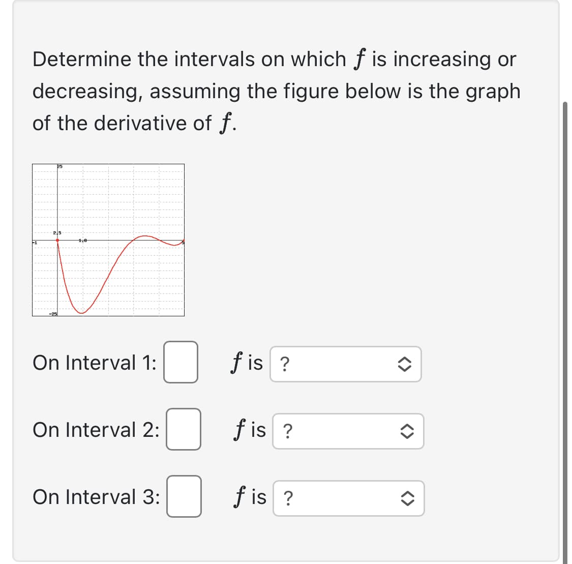 Determine the intervals on which f is increasing or
decreasing, assuming the figure below is the graph
of the derivative of f.
F1
2,5
1,0
On Interval 1:
On Interval 2:
On Interval 3:
fis ?
fis ?
fis ?
<>
<>