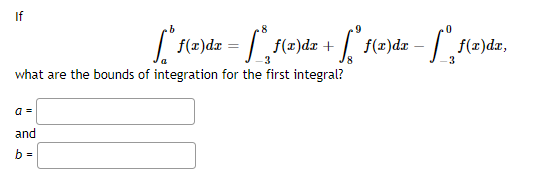 8
["#f(z)de = [", 1(2)dz + ["*1(2)\dx = [ 1(²)dx,
*,
f(x)
ƒ(z)dz
-3
If
what are the bounds of integration for the first integral?
a =
and
b=