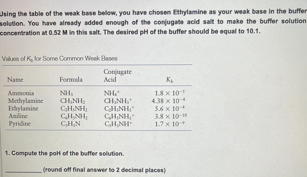 Using the table of the weak base below, you have chosen Ethylamine as your weak base in the buffer
solution. You have already added enough of the conjugate acid salt to make the buffer solution
concentration at 0.52 M in this salt. The desired pH of the buffer should be equal to 10.1.
Values of K, for Some Common Weak Bases
Conjugate
Acid
Name
Formula
NH4+
CH;NH3+
CH;NH;+
CH;NH;+
C;H;NH+
1.8 x 10-5
4.38 x 10-4
5.6 x 10-4
Ammonia
Methylamine
Ethylamine
Aniline
NH3
CH;NH2
CH;NH2
CH;NH,
C3H;N
3.8 x 10-10
Pyridine
1.7 x 10-9
1. Compute the poH of the buffer solution.
(round off final answer to 2 decimal places)
