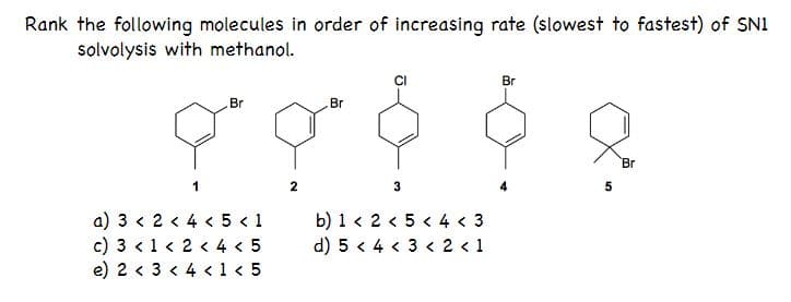 Rank the following molecules in order of increasing rate (slowest to fastest) of SNI
solvolysis with methanol.
Br
Br
Br
Br
a) 3 < 2 < 4 < 5 < 1
c) 3 < 1 < 2 < 4 < 5
e) 2 < 3 < 4 <1 < 5
b) 1 < 2 < 5 < 4 < 3
d) 5 < 4 < 3 < 2 < 1
