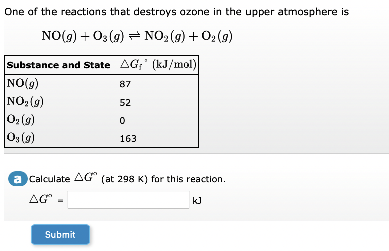 One of the reactions that destroys ozone in the upper atmosphere is
NO(g) + O3(g) ⇒ NO2 (g) + O2(g)
Substance and State AGf (kJ/mol)
NO(g)
87
NO₂(g)
52
0₂ (9)
0
03 (9)
163
a Calculate AG (at 298 K) for this reaction.
ΔG°
kJ
Submit