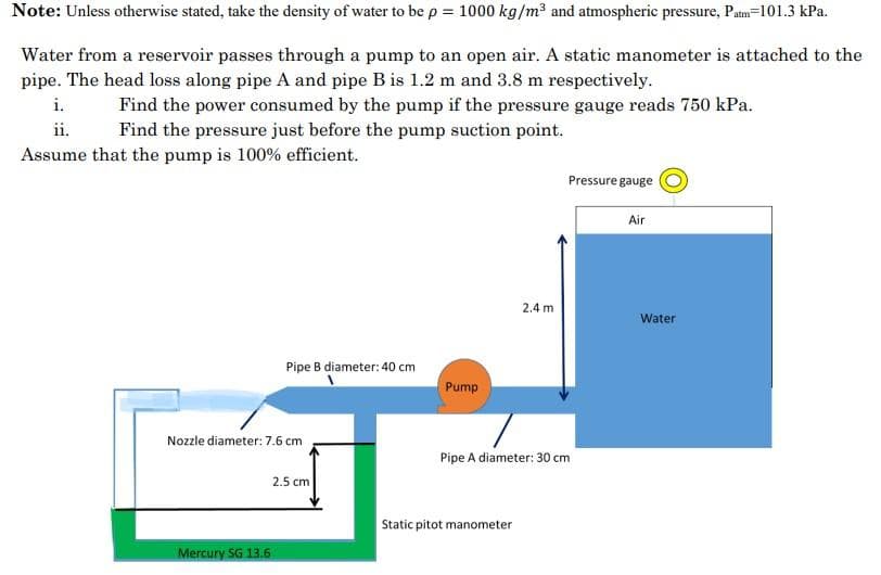 Note: Unless otherwise stated, take the density of water to be p = 1000 kg/m³ and atmospheric pressure, Patm=101.3 kPa.
Water from a reservoir passes through a pump to an open air. A static manometer is attached to the
pipe. The head loss along pipe A and pipe B is 1.2 m and 3.8 m respectively.
i.
Find the power consumed by the pump if the pressure gauge reads 750 kPa.
Find the pressure just before the pump suction point.
ii.
Assume that the pump is 100% efficient.
Pipe B diameter: 40 cm
Nozzle diameter: 7.6 cm
Mercury SG 13.6
2.5 cm
Pump
2.4 m
Static pitot manometer
Pressure gauge
Pipe A diameter: 30 cm
Air
Water