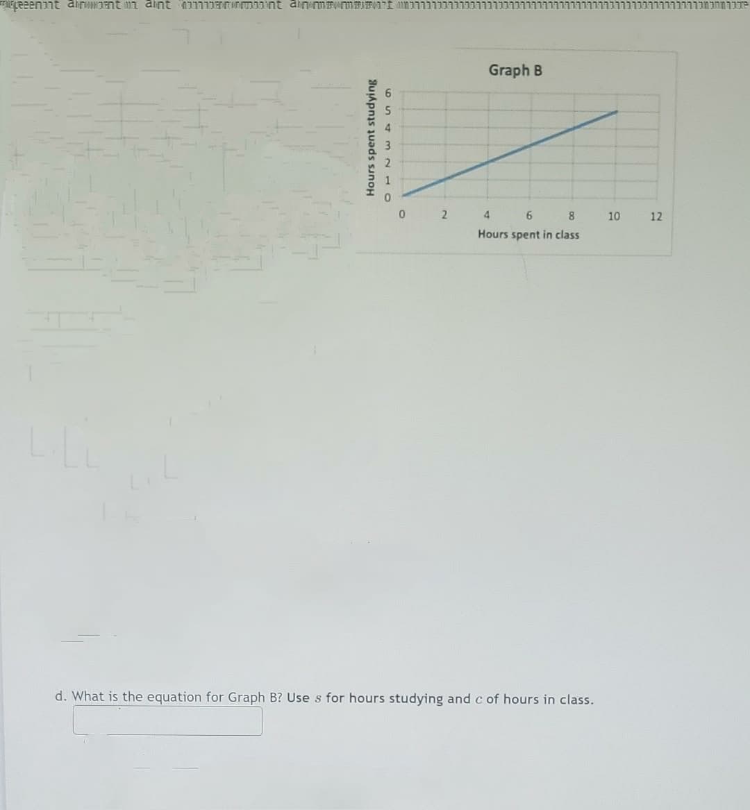peeenint ant maintmant ainm an
Hours spent studying
0
2
Graph B
4
6
8
Hours spent in class
d. What is the equation for Graph B? Use s for hours studying and c of hours in class.
10
12
ueענטטעטענר