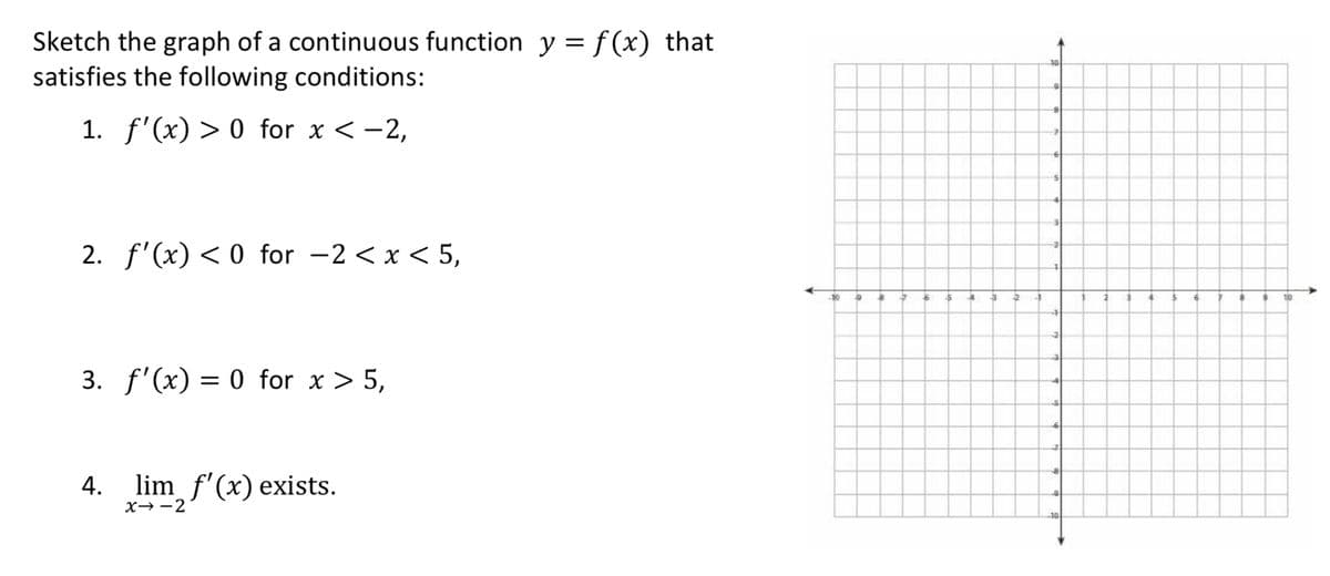 Sketch the graph of a continuous function y = f (x) that
satisfies the following conditions:
10
1. f'(x) > 0 for x < -2,
2. f'(x) < 0 for -2 < x < 5,
-10
TO
3. f'(x) = 0 for x > 5,
4. lim f'(x) exists.
X→ -2
-10

