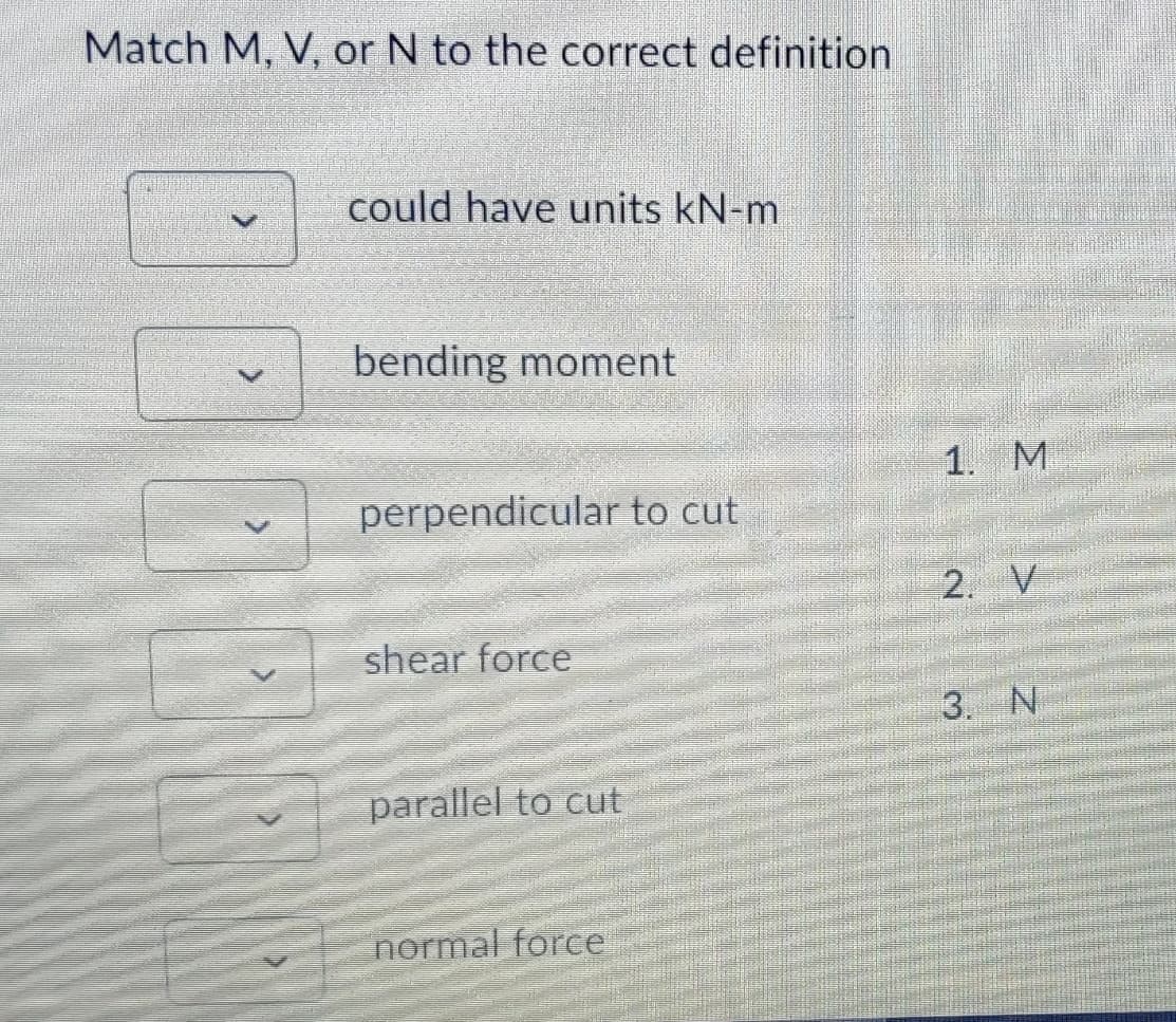 Match M, V, or N to the correct definition
could have units kN-m
bending moment
1. M
perpendicular to cut
2. V
shear force
3. N
parallel to cut
normal force
