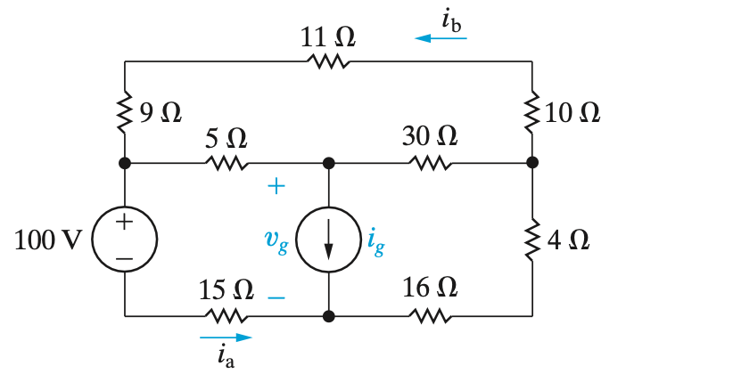 100 V
59Ω
(+
5Ω
15 Ω
ia
+
Ug
11 Ω
↓
lig
ib
30 Ω
16 Ω
m
>10 Ω
4Ω