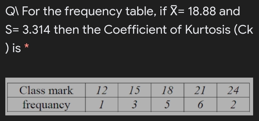 QI For the frequency table, if X= 18.88 and
S= 3.314 then the Coefficient of Kurtosis (Ck
) is *
Class mark
12
15
18
21
24
frequancy
1
3
