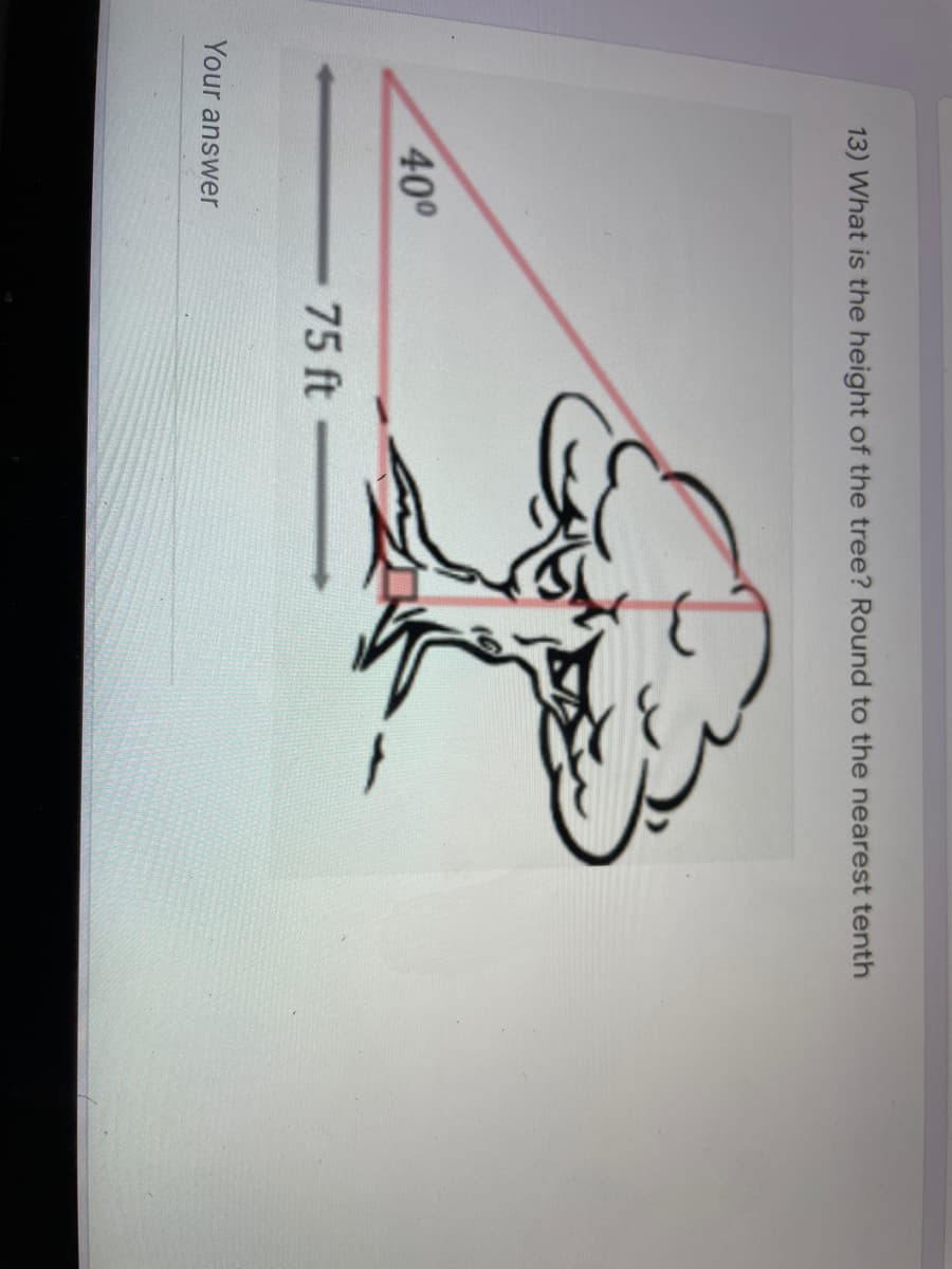 13) What is the height of the tree? Round to the nearest tenth
400
75 ft
Your answer
