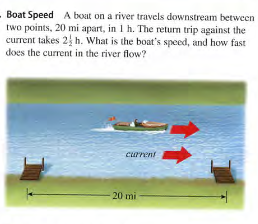 - Boat Speed A boat on a river travels downstream between
two points, 20 mi apart, in 1 h. The return trip against the
current takes 2 h. What is the boat's speed, and how fast
does the current in the river flow?
сurrent
20 mi
