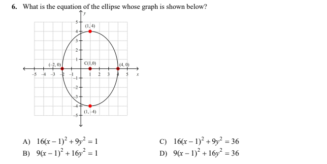 6. What is the equation of the ellipse whose graph is shown below?
(1.4)
3+
2-
(2.0)
C(1,0)
(4, 0)
++
-3 4 -3
(1, -4)
A) 16(x – 1)² + 9y² = 1
B) 9(x – 1) + 16y² = 1
C) 16(x– 1)² + 9y² = 36
D) 9(x – 1)? + 16y² = 36
%3D
