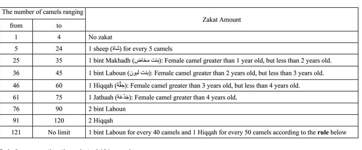 The number of camels ranging
Zakat Amount
from
to
1
4
No zakat
5
24
1 sheep (šL#) for every 5 camels
25
35
1 bint Makhadh (ialis Cij): Female camel greater than 1 year old, but less than 2 years old.
36
45
1 bint Laboun (is C): Female camel greater than 2 years old, but less than 3
years
old.
46
60
1 Hiqqah (): Female camel greater than 3 years old, but less than 4 years old.
61
75
1 Jathaah (Aéiá): Female camel greater than 4 years old.
76
90
2 bint Laboun
91
120
2 Hiqqah
121
No limit
1 bint Laboun for every 40 camels and 1 Hiqqah for every 50 camels according to the rule below
