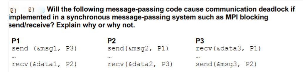 2)
Will the following message-passing code cause communication deadlock if
2)
implemented in a synchronous message-passing system such as MPI blocking
send/receive? Explain why or why not.
P1
P2
P3
recv (&data3, P1)
send (&msgl, P3)
send (&msg2, P1)
...
...
recv (&datal, P2)
recv (&data2, P3)
send (&msg3, P2)
