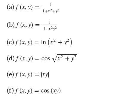 1
(a) f (x, y) =
1+x²+y?
1
(b) f (x, y) =
1+x?y?
(c)f (x. y) = In (x² + y² )
(d) f (x, y) = cos Vx² + y?
(e) f (x, y) = þry|
(f) ƒ (x, y) = cos (xy)
