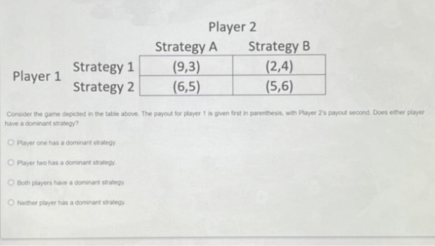 Player 2
Strategy A Strategy B
Strategy 1
(9,3)
(2,4)
Player 1
Strategy 2
(6,5)
(5,6)
Consider the game depicted in the table above. The payout for player 1 is given first in parenthesis, with Player 2's payout second. Does either player
have a dominant strategy?
O Player one has a dominant strategy.
O Player two has a dominant strategy.
O Both players have a dominant strategy
O Neither player has a dominant strategy.