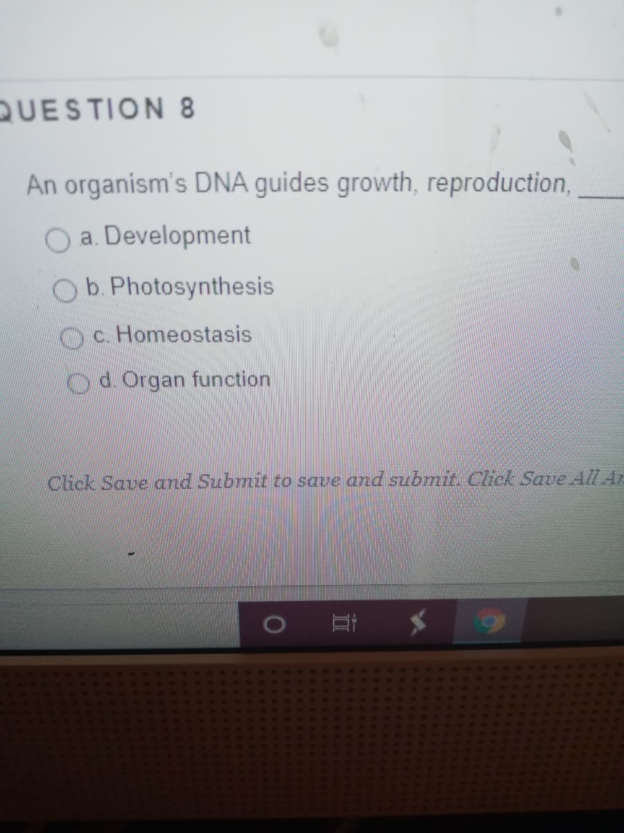 QUESTION 8
An organism's DNA guides growth, reproduction,
O a. Development
Ob. Photosynthesis
Oc. Homeostasis
Od Organ function
Click Save and Submit to save and submit. Click Save All Ar
