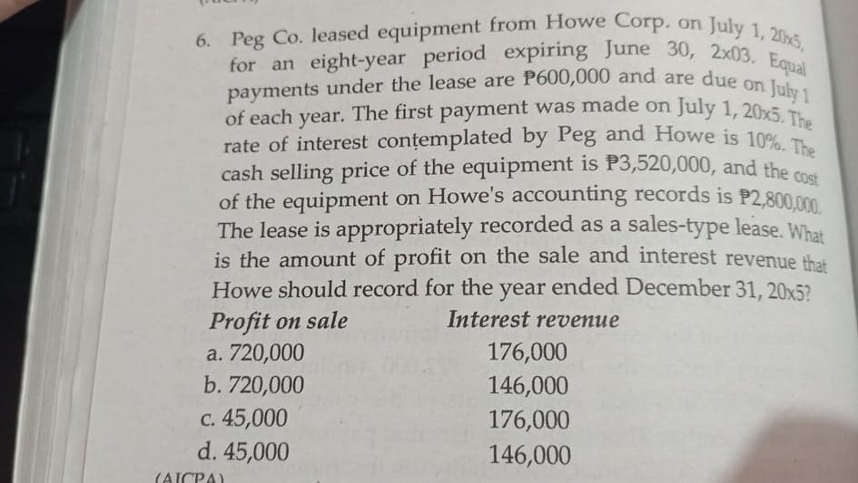 cash selling price of the equipment is P3,520,000, and the cost
rate of interest contemplated by Peg and Howe is 10%. The
The first payment was made on July 1, 20x5. The
payments under the lease are P600,000 and are due on July 1
for an eight-year period expiring June 30, 2x03. Equal
July 1, 20x5,
6. Peg Co. leased equipment from Howe Corp. on
July 1
payments under the lease are P600,000 and are due on
of each
year.
cash selling price of the equipment is P3,520,000, and the c
of the equipment on Howe's accounting records is P2,800.0
The lease is appropriately recorded as a sales-type lease. What
is the amount of profit on the sale and interest revenue that
Howe should record for the year ended December 31, 20x5?
Profit on sale
a. 720,000
b. 720,000
Interest revenue
176,000
146,000
c. 45,000
d. 45,000
176,000
146,000
(AICPA)
