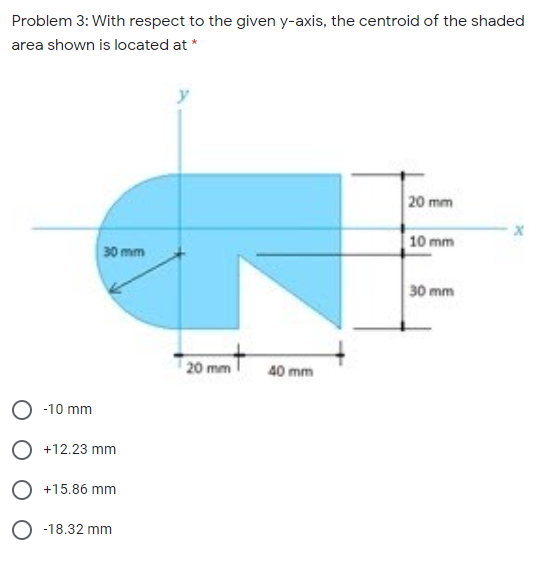 Problem 3: With respect to the given y-axis, the centroid of the shaded
area shown is located at *
20 mm
10 mm
30 mm
30 mm
20 mm
40 mm
-10 mm
O +12.23 mm
O +15.86 mm
O -18.32 mm
