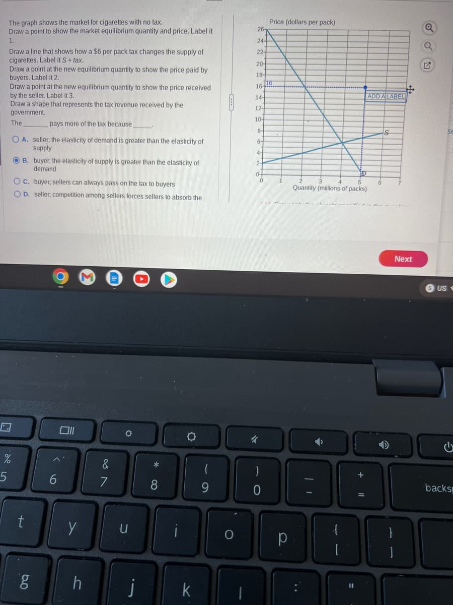 The graph shows the market for cigarettes with no tax.
Draw a point to show the market equilibrium quantity and price. Label it
1.
Draw a line that shows how a $6 per pack tax changes the supply of
cigarettes. Label it S + tax.
5
Draw a point at the new equilibrium quantity to show the price paid by
buyers. Label it 2.
Draw a point at the new equilibrium quantity to show the price received
by the seller. Label it 3.
Draw a shape that represents the tax revenue received by the
government.
The
07 20
pays more of the tax because_______.
O A. seller; the elasticity of demand is greater than the elasticity of
supply
%
B. buyer; the elasticity of supply is greater than the elasticity of
demand
OC. buyer; sellers can always pass on the tax to buyers
OD. seller; competition among sellers forces sellers to absorb the
t
g
6
y
h
&
7
O
u
j
*
8
.-
O
k
69
26-
24-
22-
20-
18-
16-116
14-
12-
10-
8-
6-
4-
2-
0-
✓
0
Price (dollars per pack)
0
V
р
Quantity (millions of packs)
..
ADD ALABEL
11
S
DO
+
Next
Q
US
se
U
backs