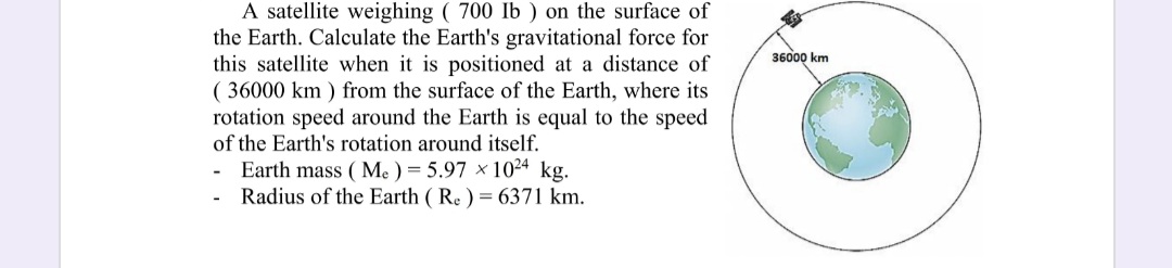 A satellite weighing ( 700 Ib ) on the surface of
the Earth. Calculate the Earth's gravitational force for
this satellite when it is positioned at a distance of
( 36000 km ) from the surface of the Earth, where its
rotation speed around the Earth is equal to the speed
of the Earth's rotation around itself.
36000 km
Earth mass ( Me ) = 5.97 × 1024 kg.
Radius of the Earth ( Re ) = 6371 km.
