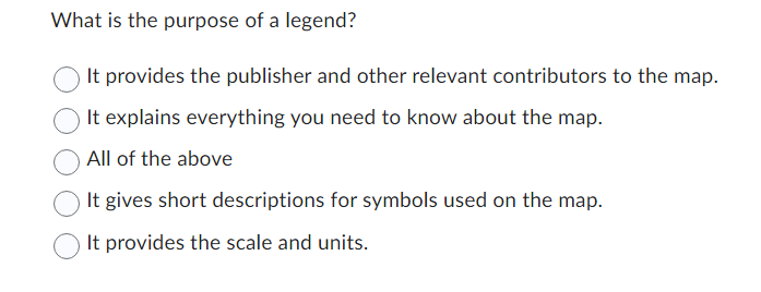 What is the purpose of a legend?
It provides the publisher and other relevant contributors to the map.
It explains everything you need to know about the map.
All of the above
It gives short descriptions for symbols used on the map.
It provides the scale and units.