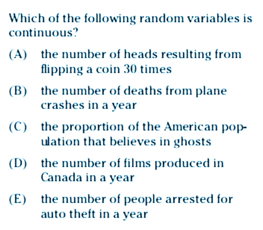 Which of the following random variables is
continuous?
(A) the number of heads resulting from
flipping a coin 30 times
(B) the number of deaths from plane
crashes in a year
(C) the proportion of the American pop-
ulation that believes in ghosts
(D) the number of films produced in
Canada in a year
(E) the number of people arrested for
auto theft in a year