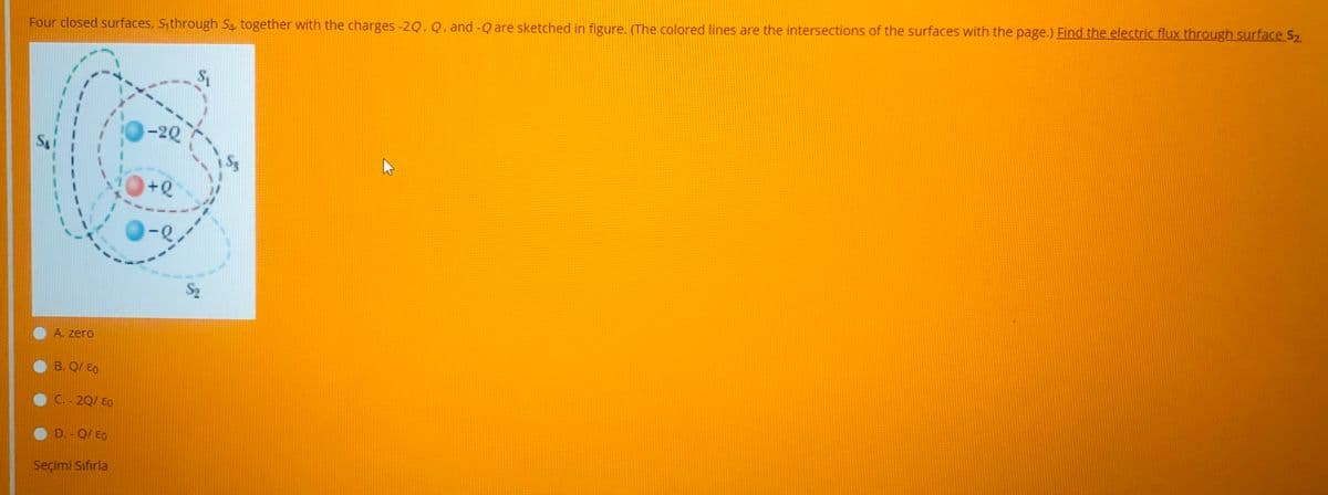 Four closed surfaces, Sthrough Sa, together with the charges -2Q. Q. and -Q are sketched in figure. (The colored lines are the intersections of the surfaces with the page.) Find the electric flux through surface S
-20
+Q
S2
A. zero
B. Q/ E0
C. - 2Q/ E0
D.-Q/ E0
Seçimi Sıfırla
