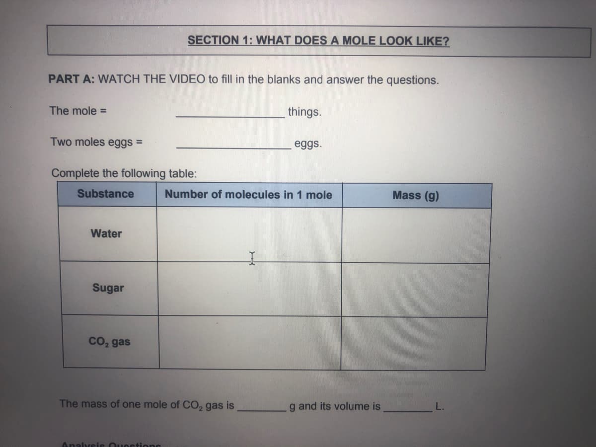 SECTION 1: WHAT DOESA MOLE LOOK LIKE?
PART A: WATCH THE VIDEO to fill in the blanks and answer the questions.
The mole =
things.
Two moles eggs =
eggs.
Complete the following table:
Substance
Number of molecules in 1 mole
Mass (g)
Water
Sugar
CO, gas
The mass of one mole of CO, gas is
g and its volume is
Analvsis Ouortione
