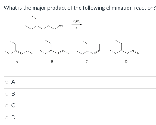 What is the major product of the following elimination reaction?
H,SO,
он
B
A
В
O D
