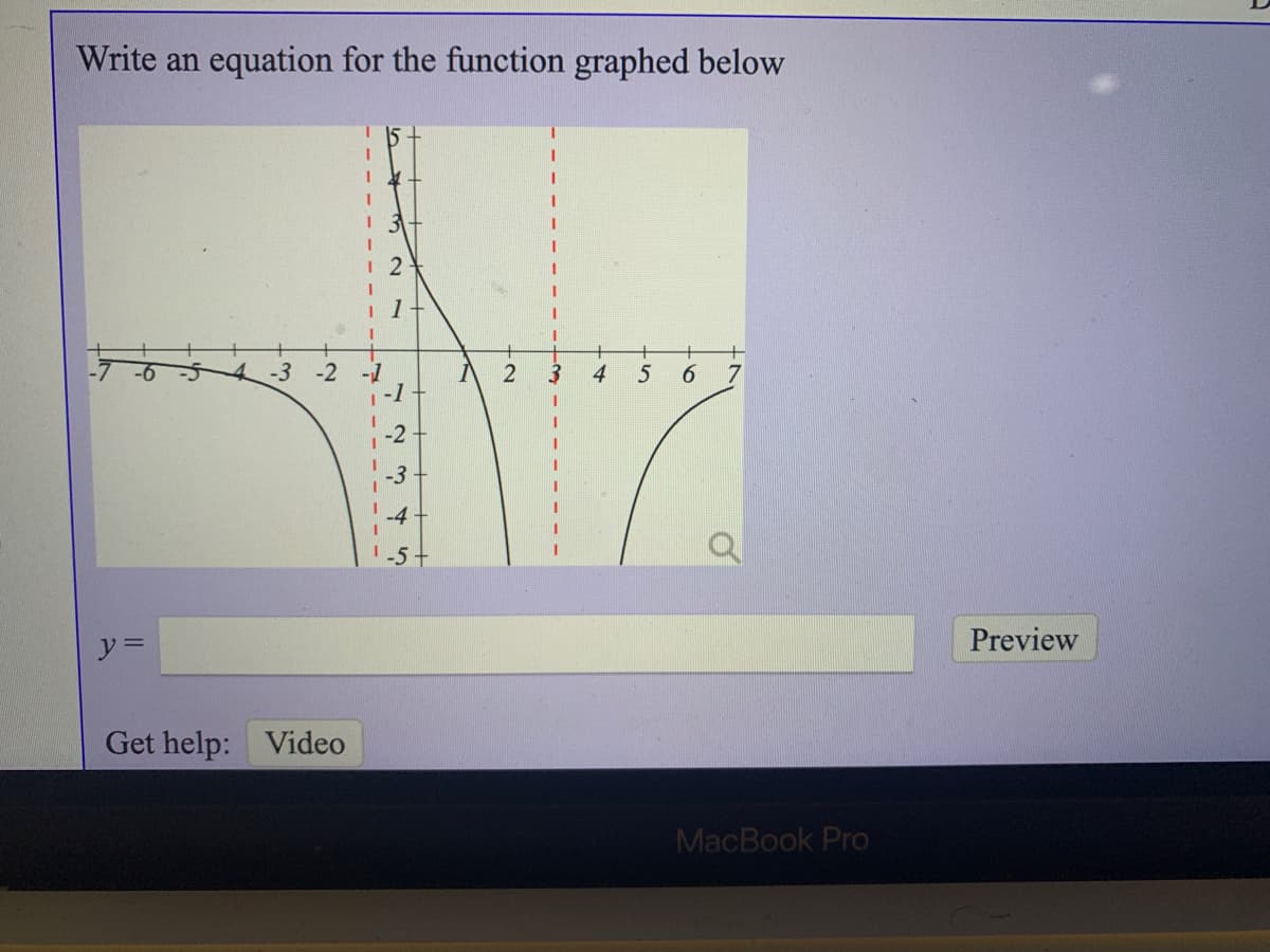 Write an equation for the function graphed below
1
+
4-3
-2
4
6.
Preview
Get help: Video
MacBook Pro
