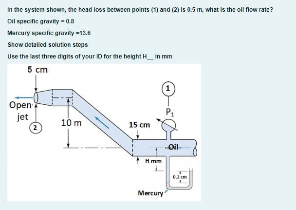 In the system shown, the head loss between points (1) and (2) is 0.5 m, what is the oil flow rate?
Oil specific gravity = 0.8
Mercury specific gravity = 13.6
Show detailed solution steps
Use the last three digits of your ID for the height H__ in mm
5 cm
Open
jet
2
10 m
15 cm
Hmm
Mercury
1
P1
Oil-
0.2 cm